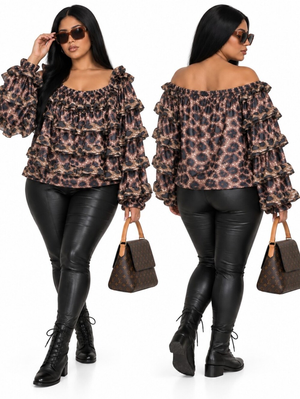 NWT Ashley Stewart Animal Print Tiered Ruffle Long Sleeve Top On Off Shoulder